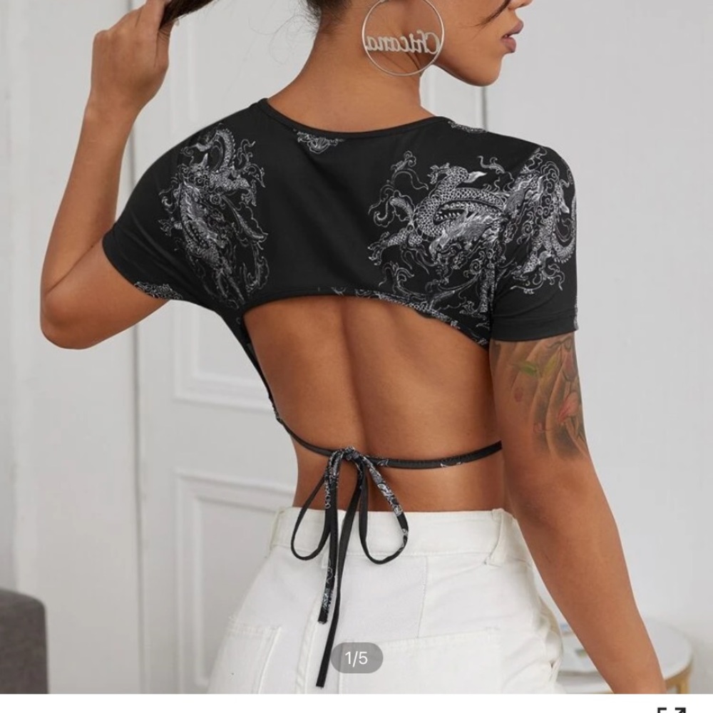 SHEIN XL dragon black and white crop top